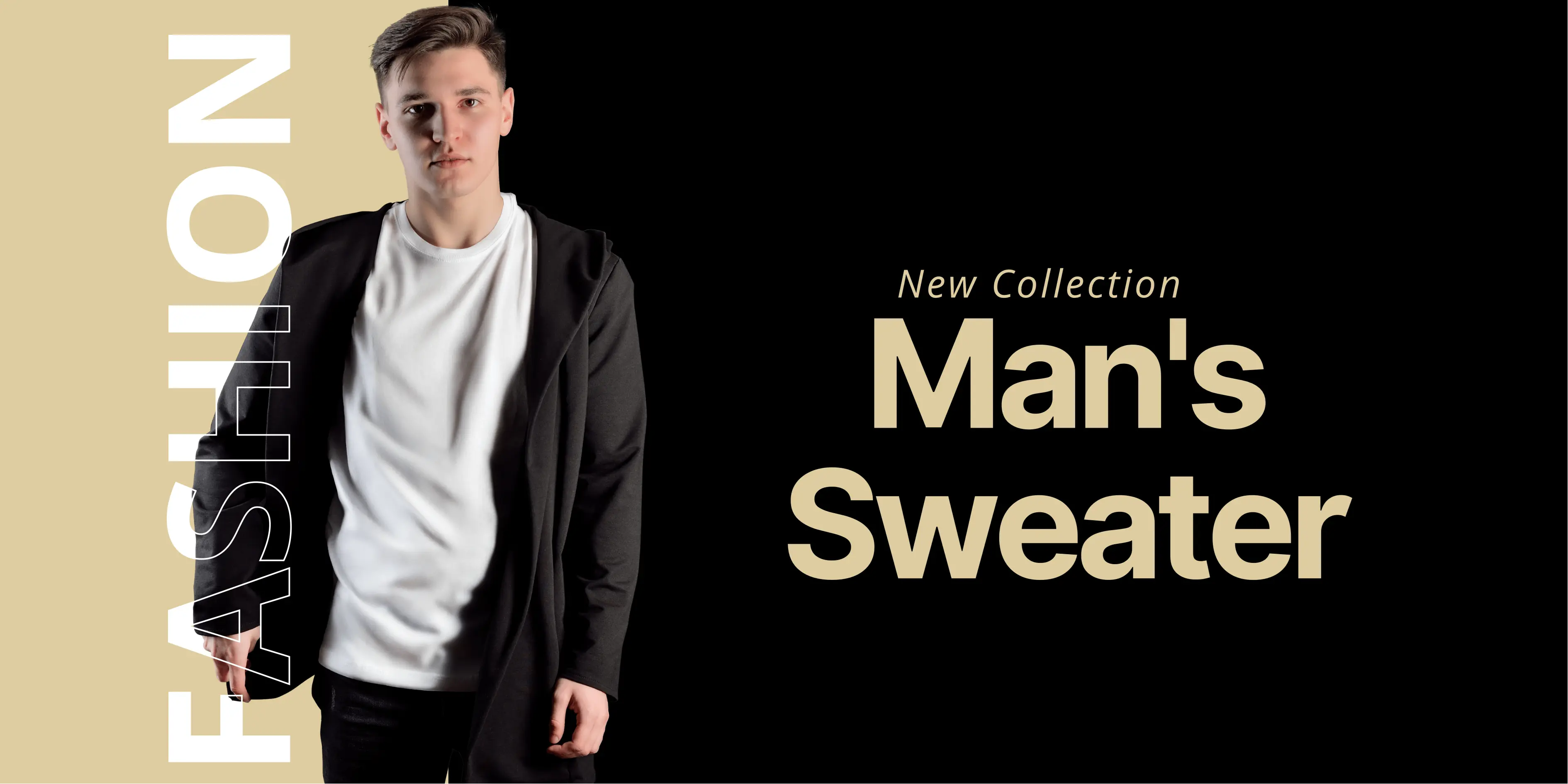 Man wearing a black sweater and white shirt with 'New Collection Man's Sweater' text on a black background.