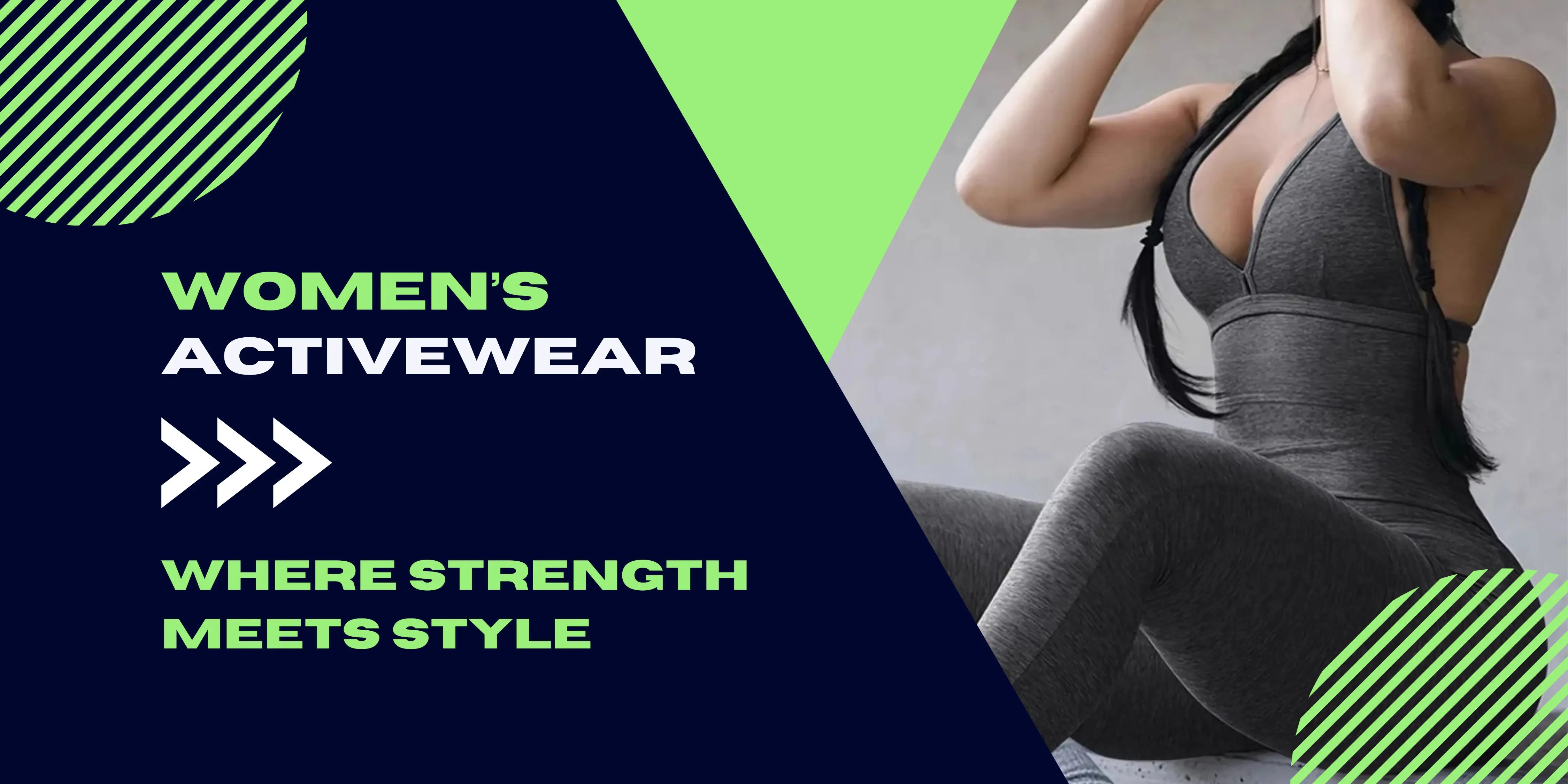 Advertisement for women's activewear with a woman in athletic wear and text on a dark blue background.