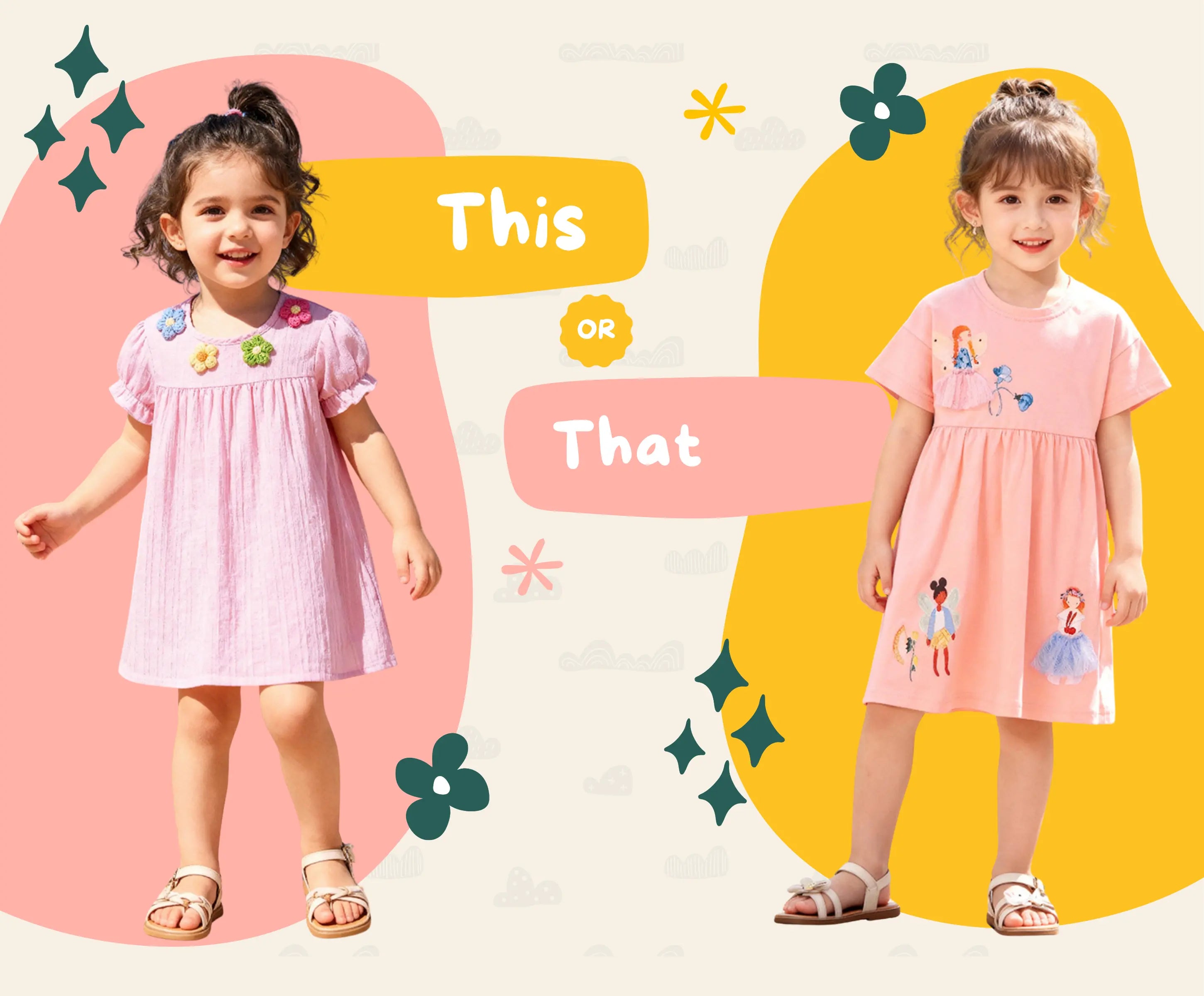 Two children wearing pink dresses with decorative elements on a colorful background.