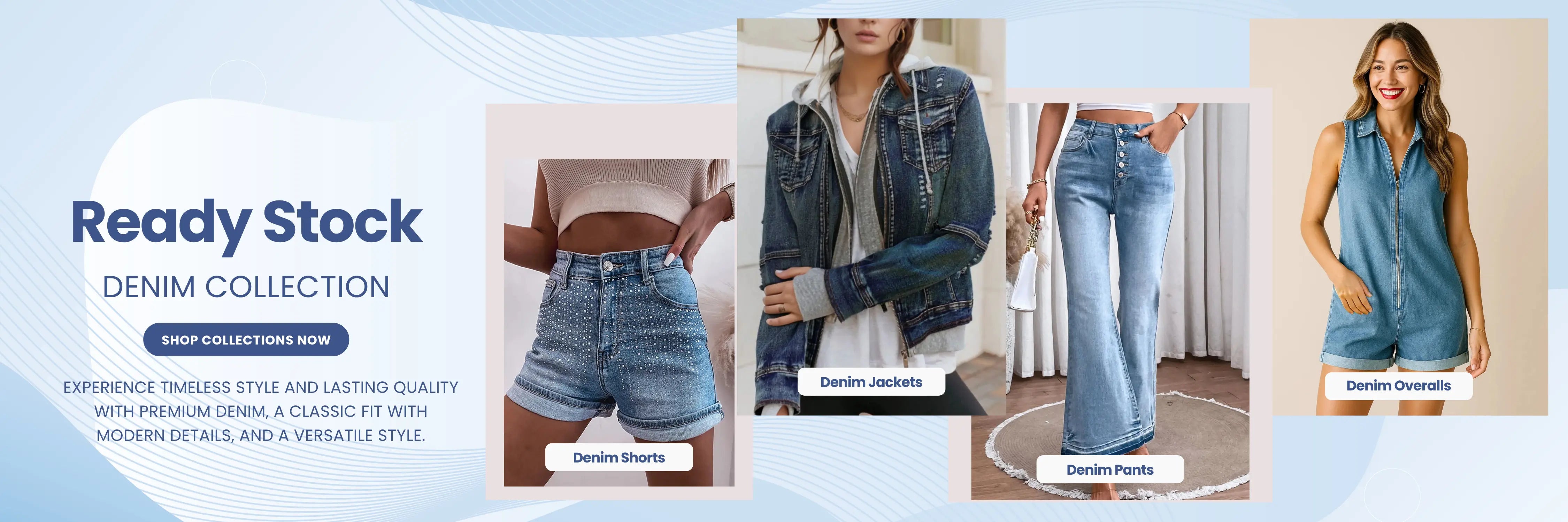 Promotional banner for denim collection with models wearing various denim items on a light blue background.