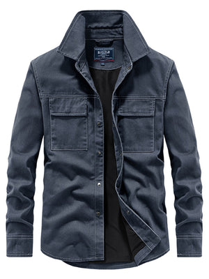 Dark blue denim shirt with a collar on a white background