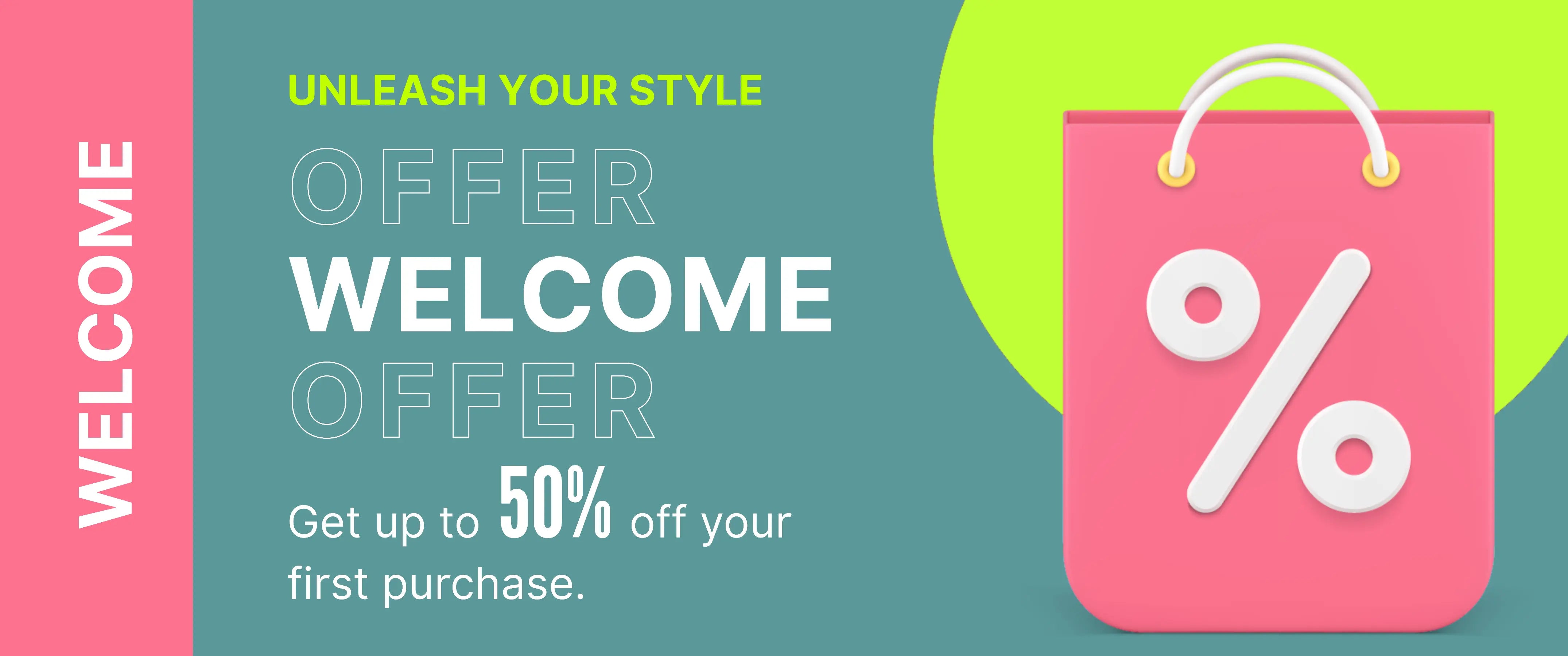 Promotional banner with a pink shopping bag icon and text offering a welcome discount.