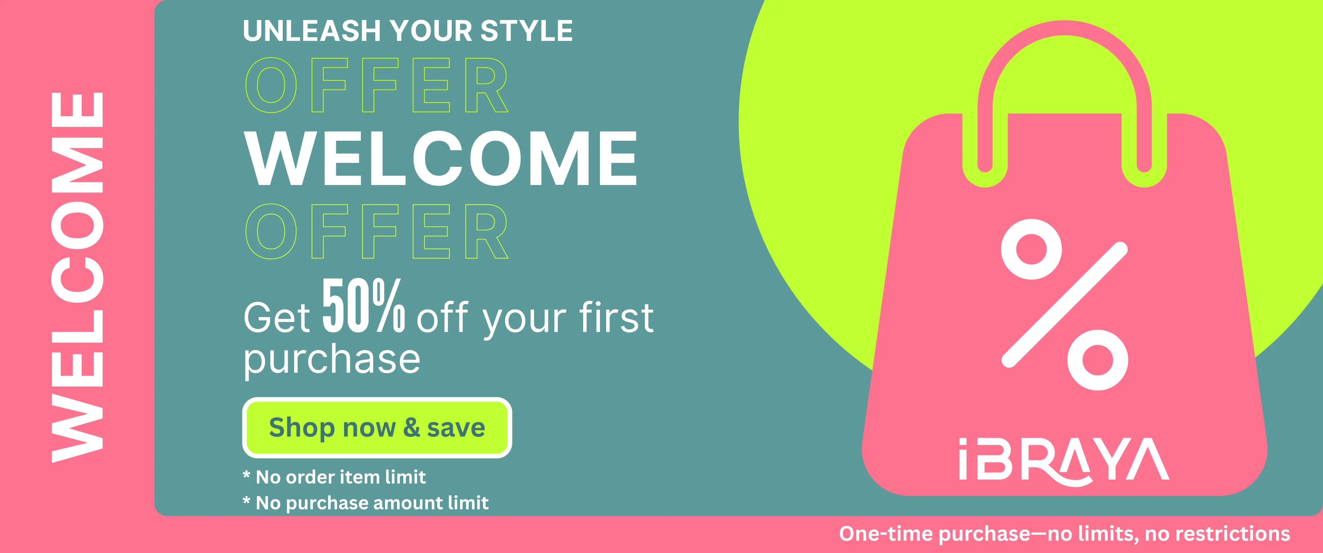 Promotional banner with a pink shopping bag icon and text offering an iBRAYA welcome Offer Discount.