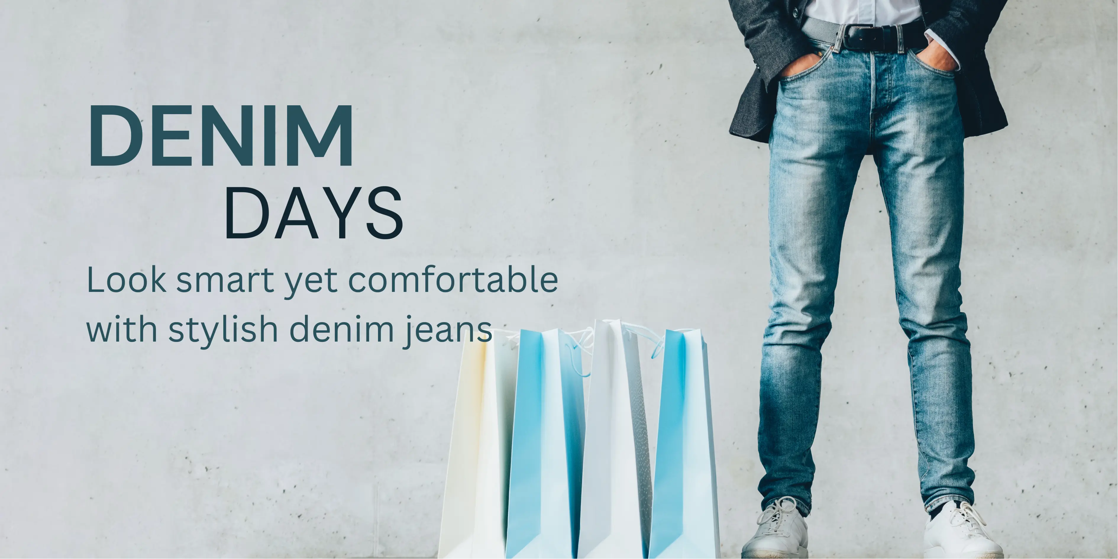 Person wearing blue jeans with 'Denim Days' text on a gray background