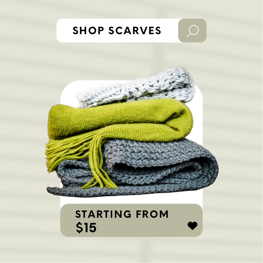 Stack of colorful scarves with a 'Shop Scarves' text overlay on a light background.
