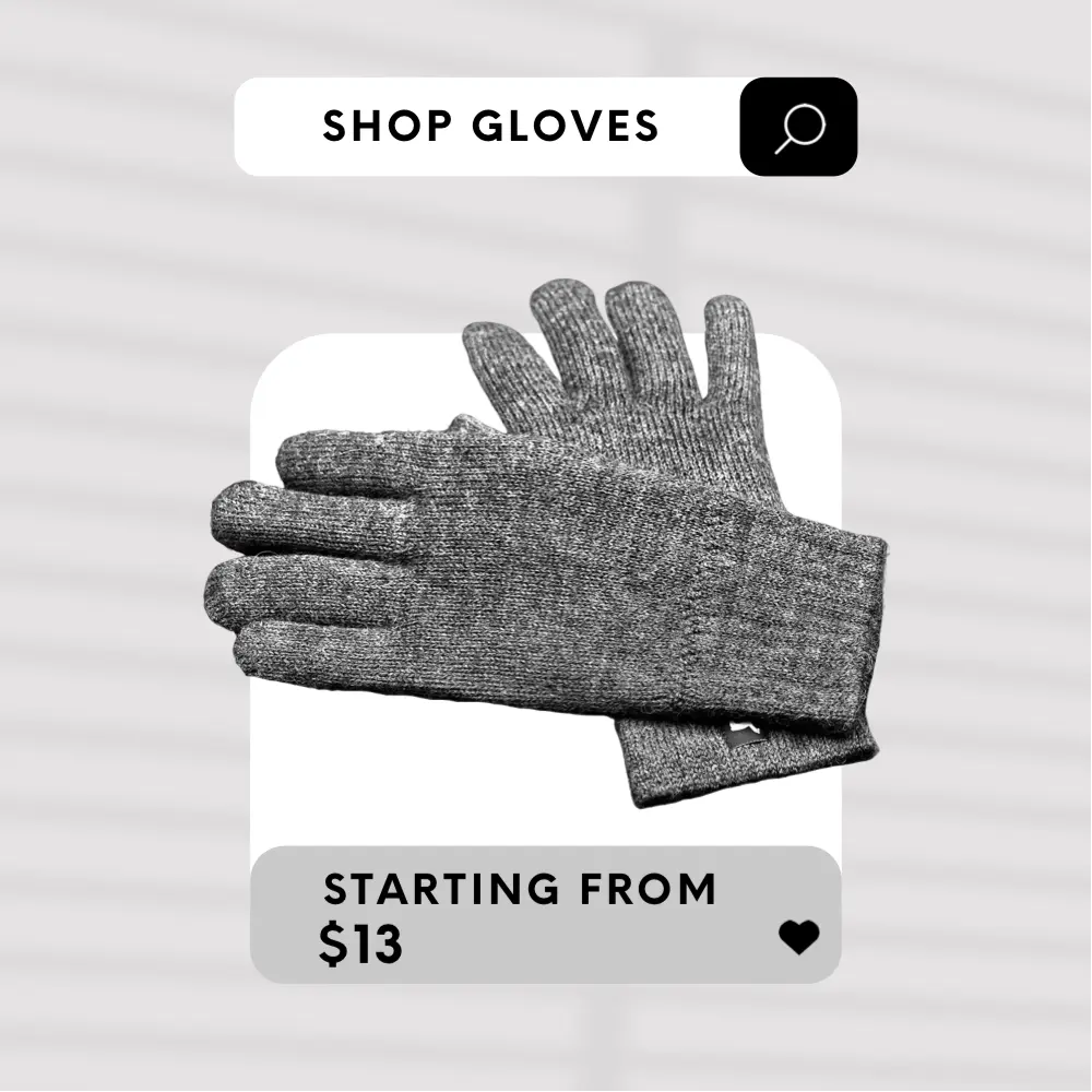 Gray gloves on a light gray background with text indicating 'Shop Gloves' and price.