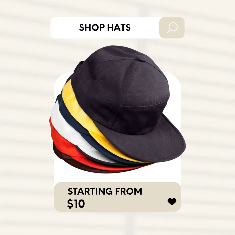 Black bucket hat with colorful stripes on a light background, labeled 'Shop Hats'.