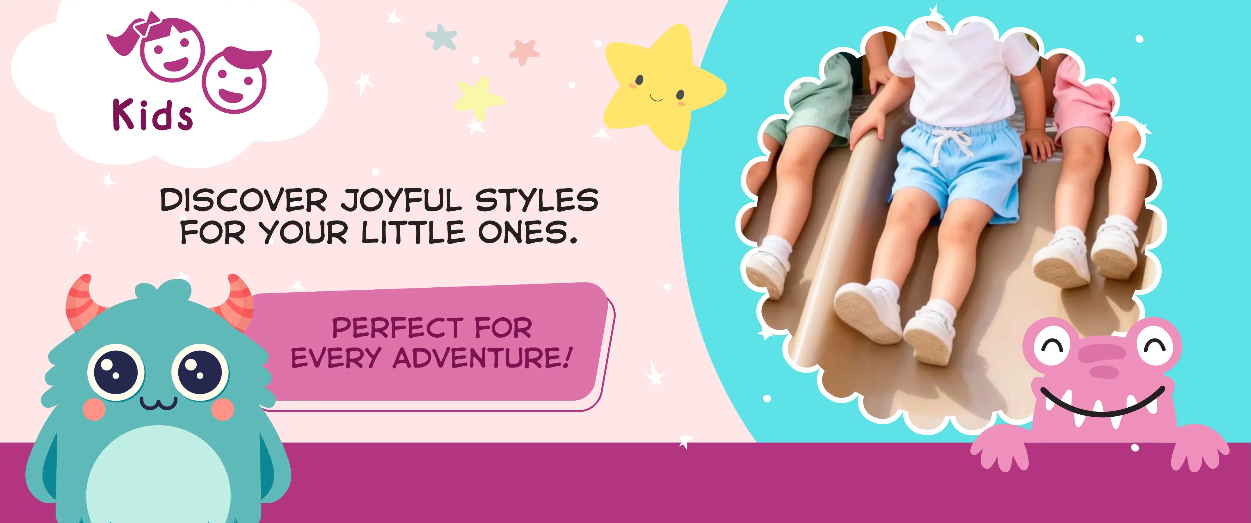 Children's clothing banner with dolls and cartoon monsters on a colorful background