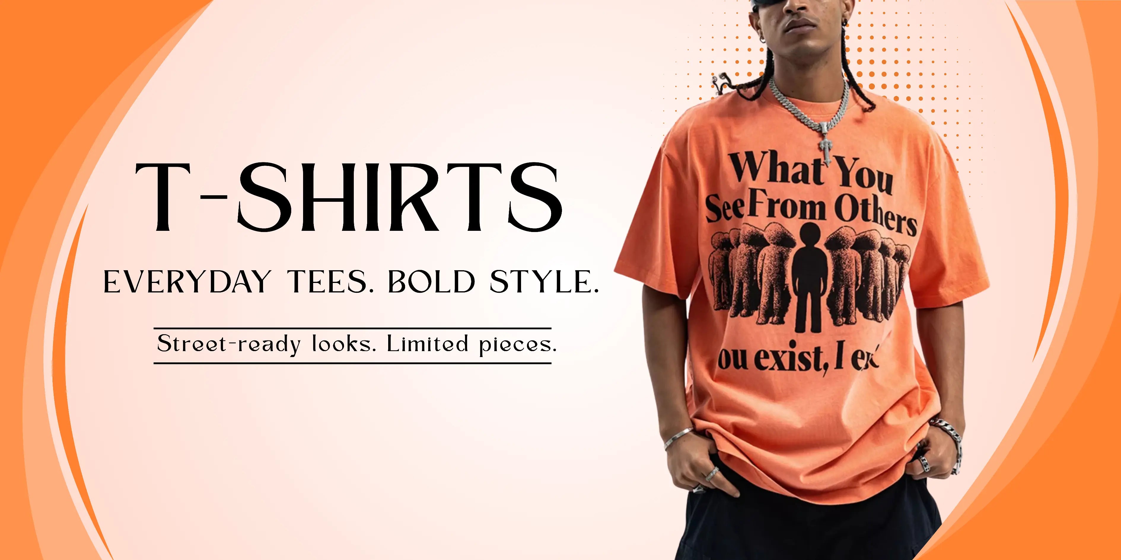Person wearing an orange t-shirt with a graphic design and text, set against a promotional background for t-shirts.