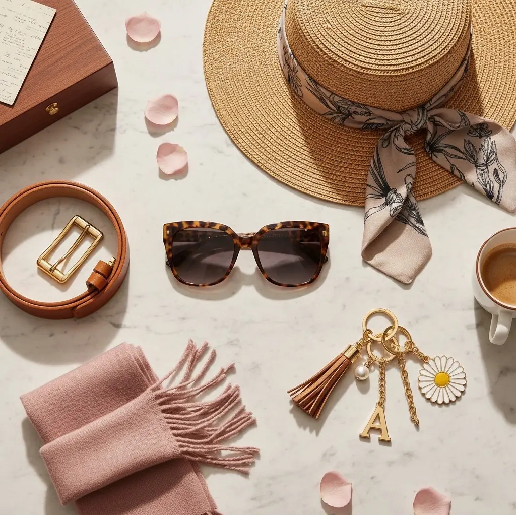 Collection of accessories including a straw hat, sunglasses, keychain, and scarf on a light surface.