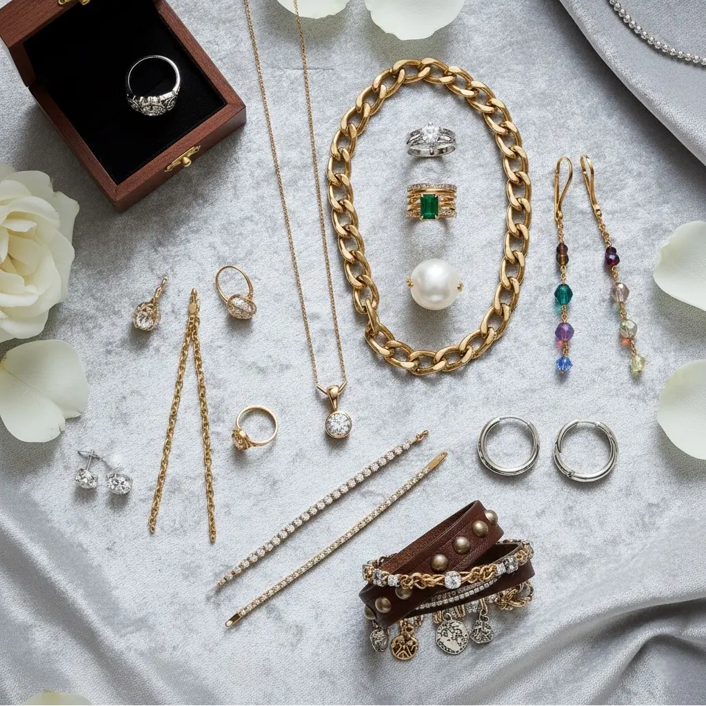 Collection of jewelry including rings, necklaces, and earrings on a light gray surface with flowers.