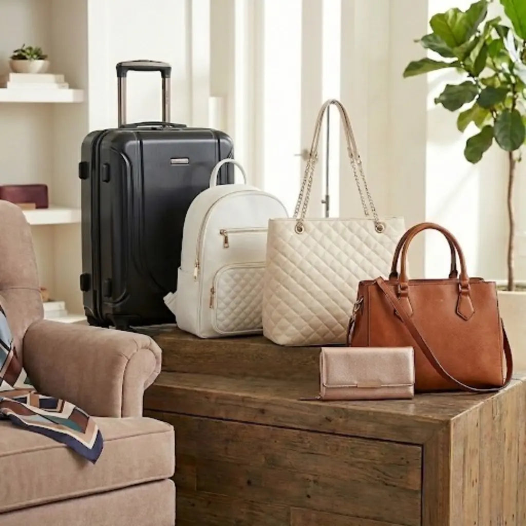 Collection of bags including a suitcase, backpack, tote bag, and handbag on a wooden surface with a neutral background.