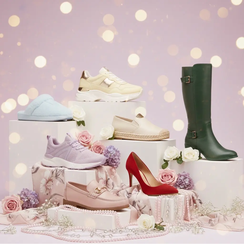 Collection of shoes on a decorative stand with flowers and lights in the background