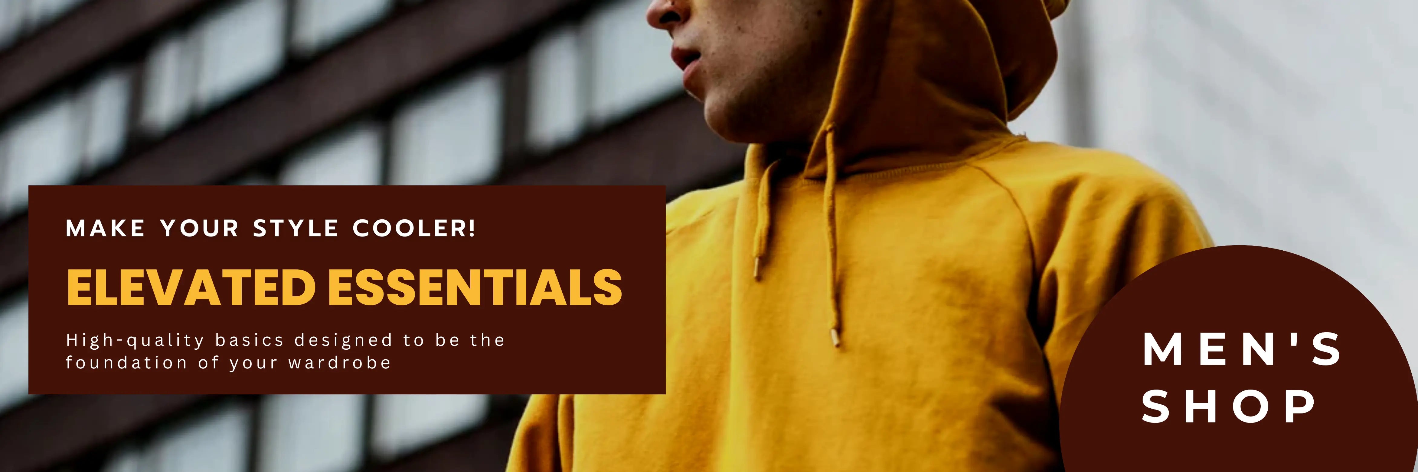 Person wearing a yellow hoodie with promotional text for 'Elevated Essentials' and 'Men's Shop'.