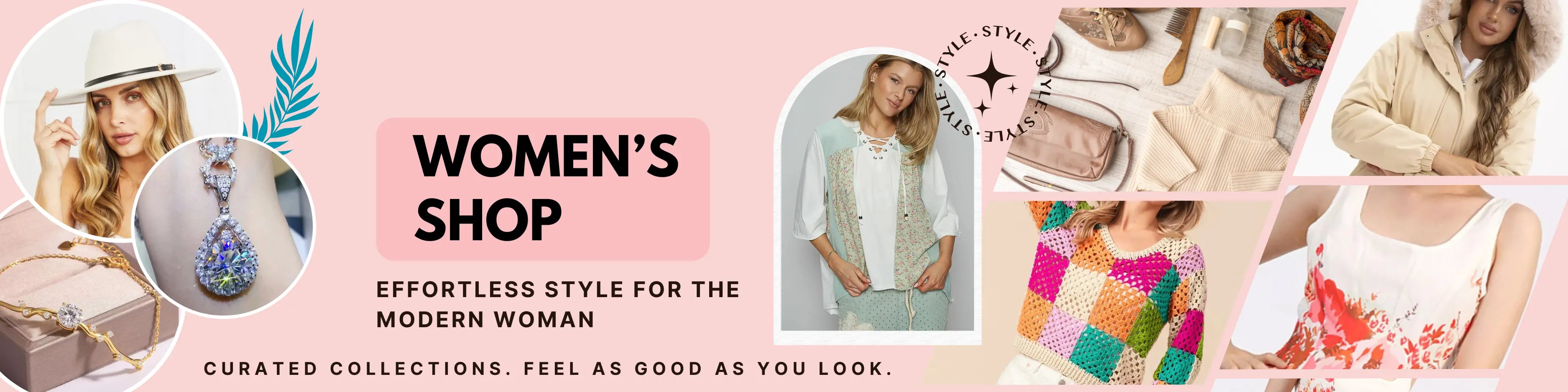 Promotional banner for a women's shop with images of women and products on a pink background.