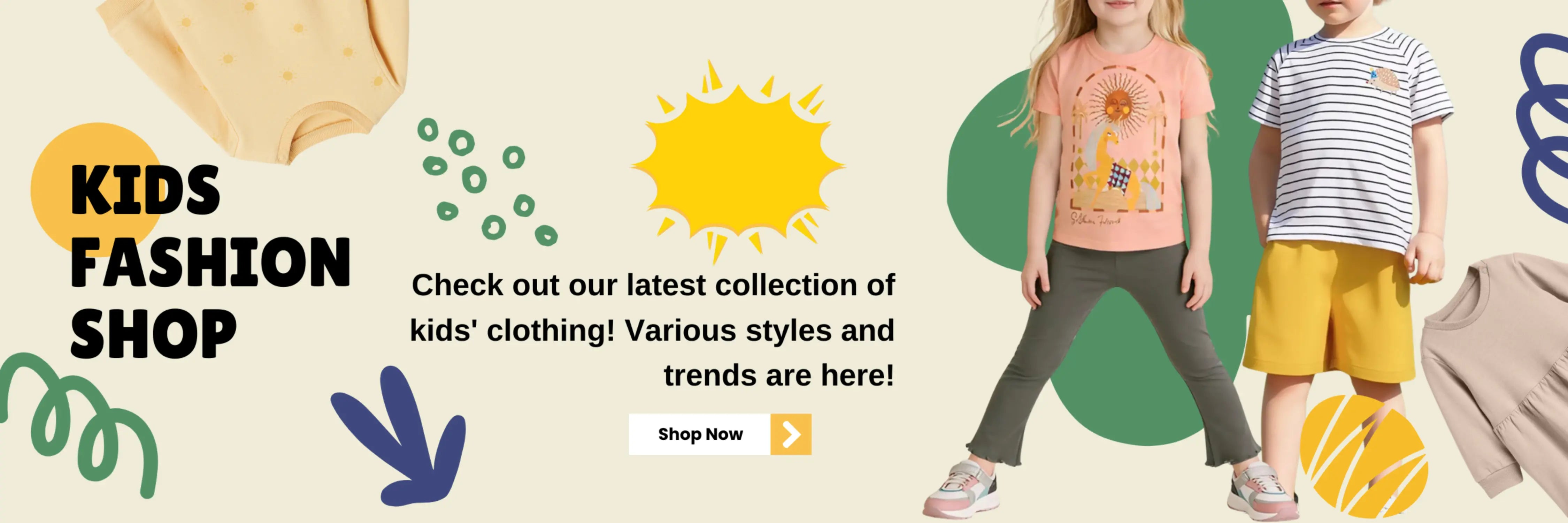 Advertisement for a kids' fashion shop with children wearing colorful clothing on a beige background.
