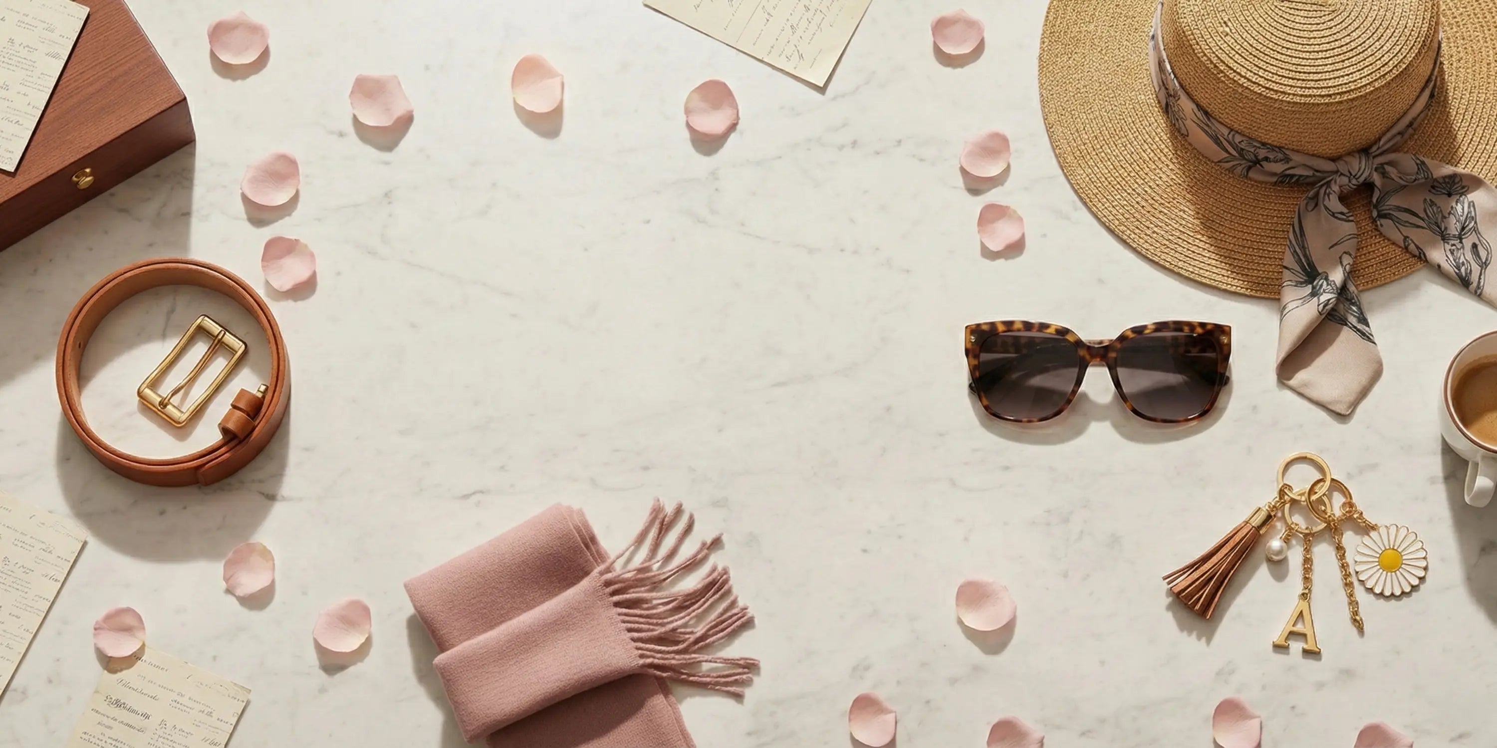 Collection of accessories including a straw hat, sunglasses, and keychain on a light surface with scattered pink petals.