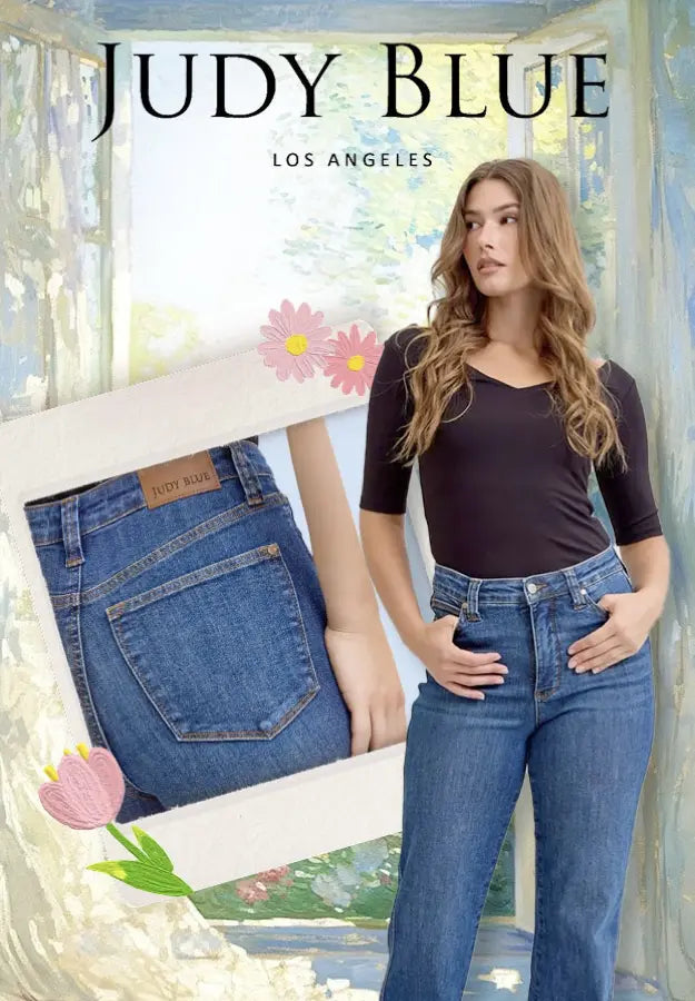 Woman wearing Judy Blue jeans with the brand name displayed.