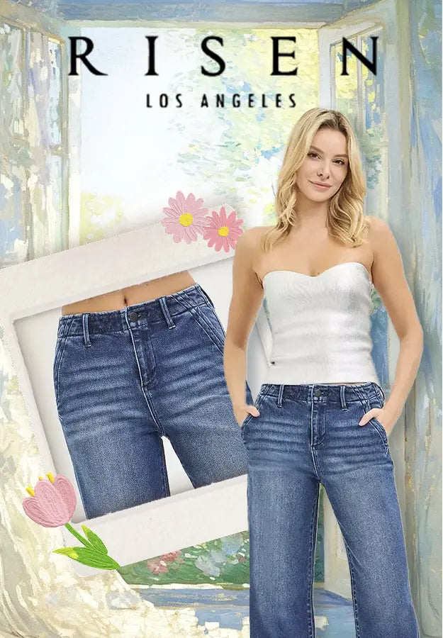 Woman wearing a white strapless top and blue jeans with 'Risen Los Angeles' branding.