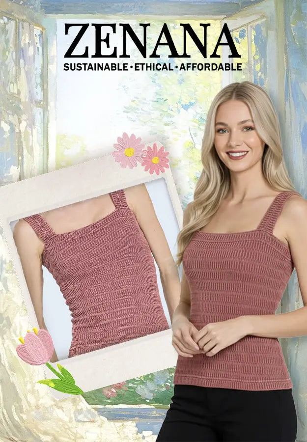 Woman wearing a pink tank top with 'Zenana' branding and sustainability message.