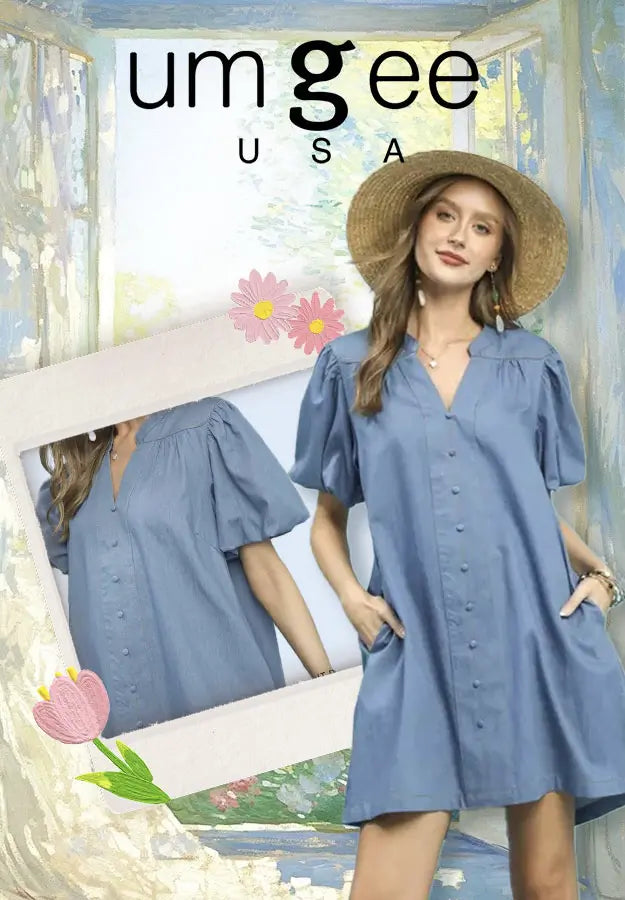 Woman wearing a blue dress with a straw hat in a decorated room, featuring umgee USA branding.