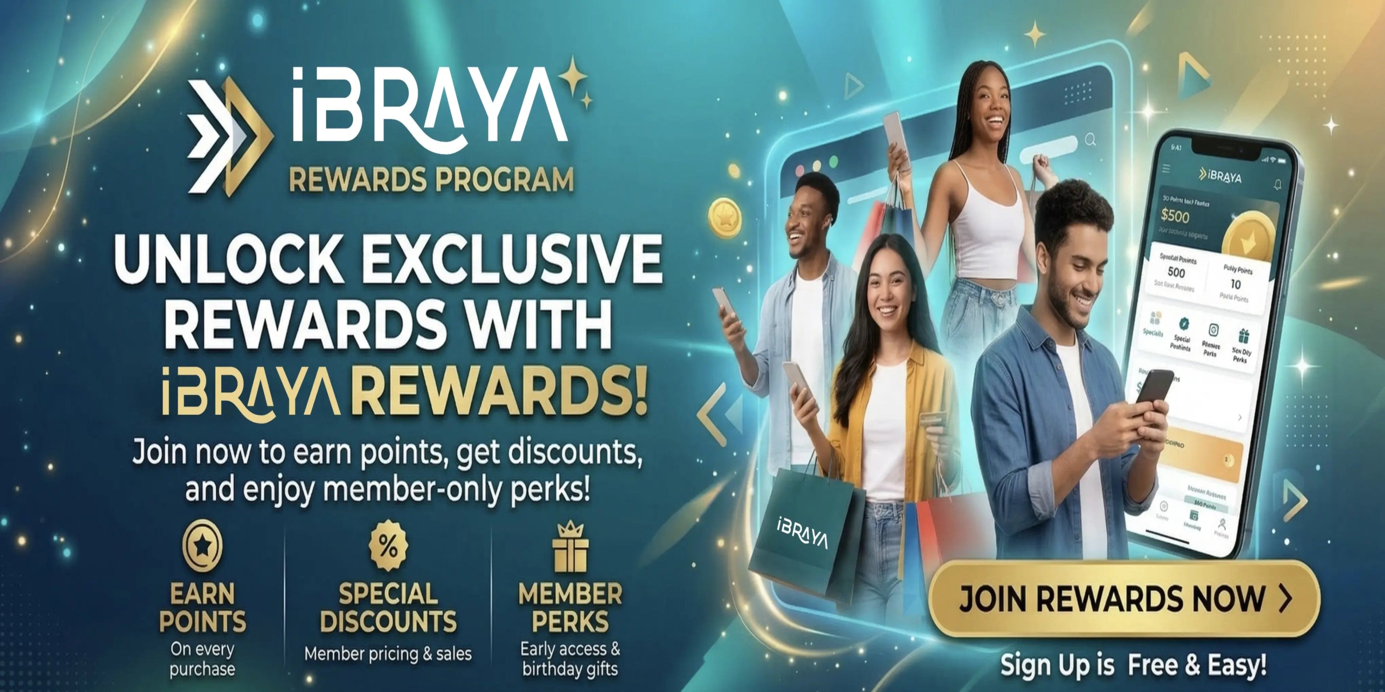 Advertisement for iBRAYA Rewards Program with people using smartphones and text about rewards and discounts.