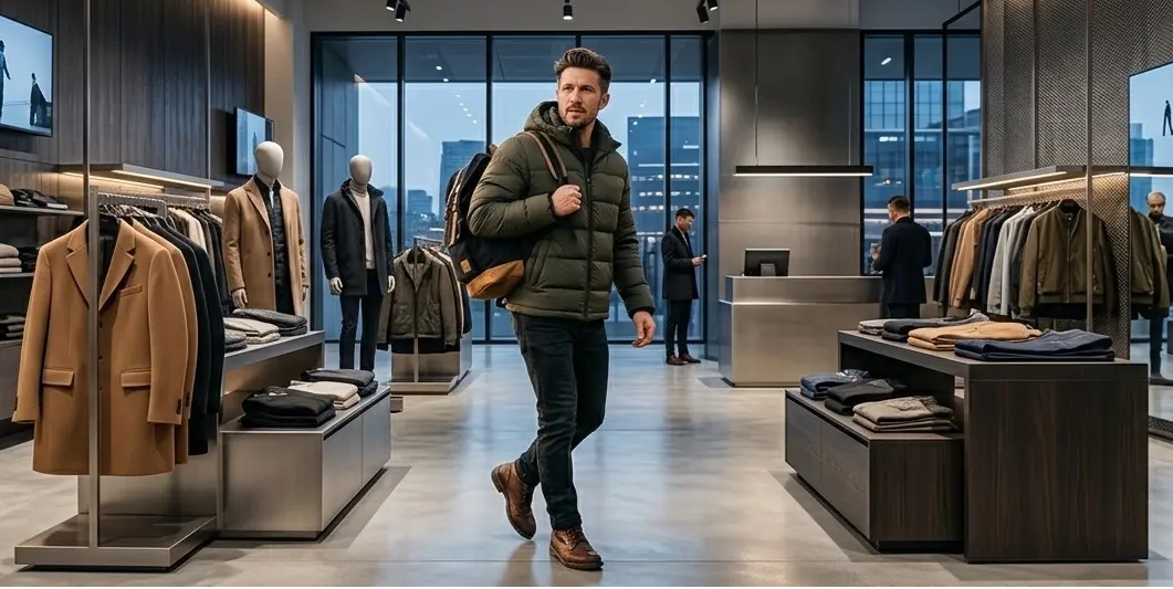 Man walking through a modern clothing store with racks of jackets and a large window.