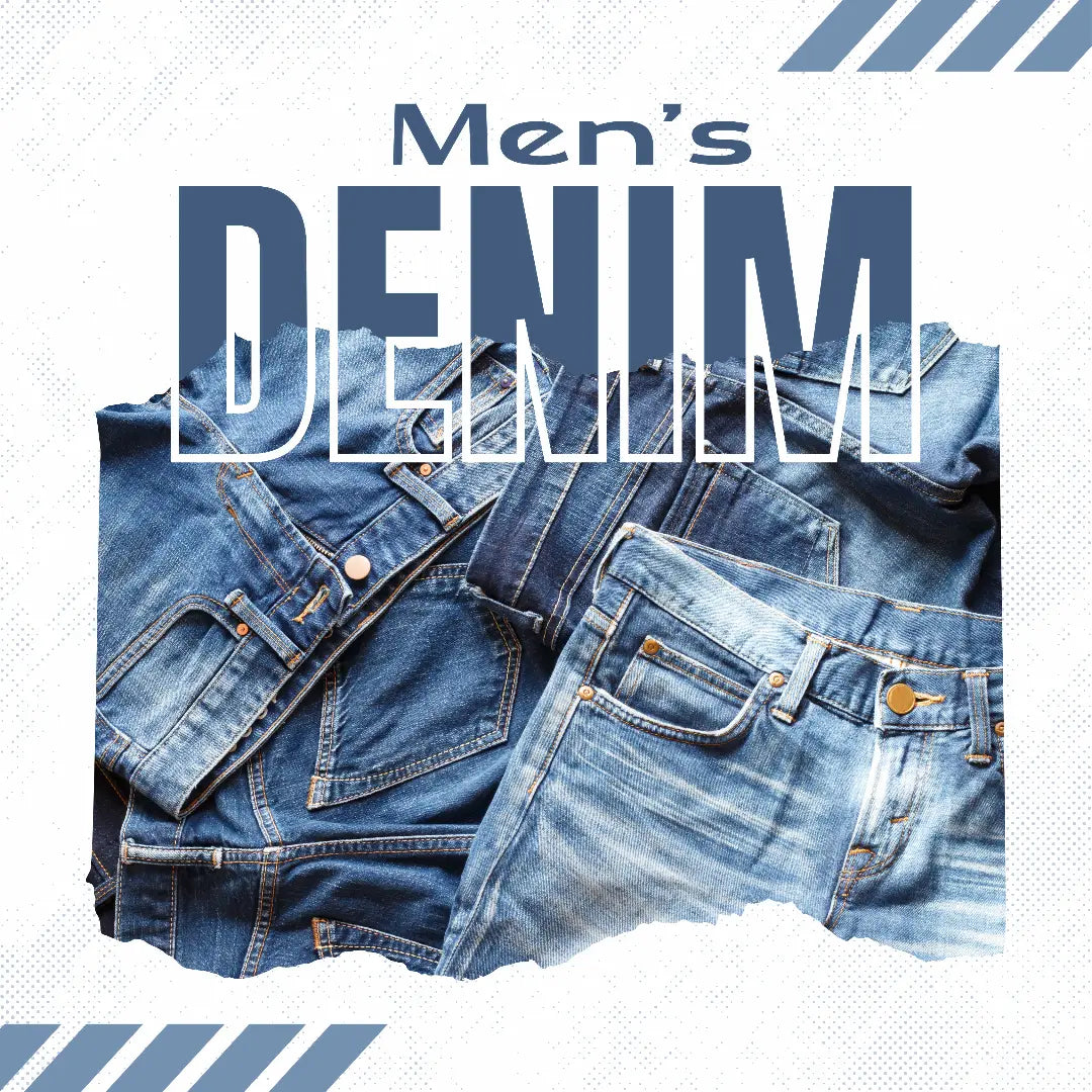 Stack of men's denim jeans with 'Men's Denim' text on a white background