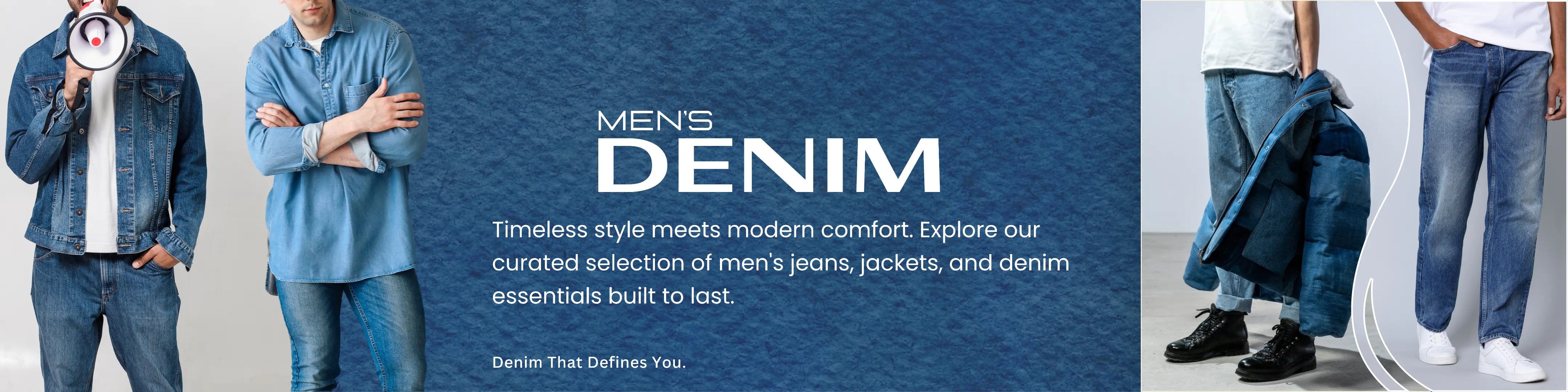Promotional banner for men's denim clothing with text and images of people wearing jeans.