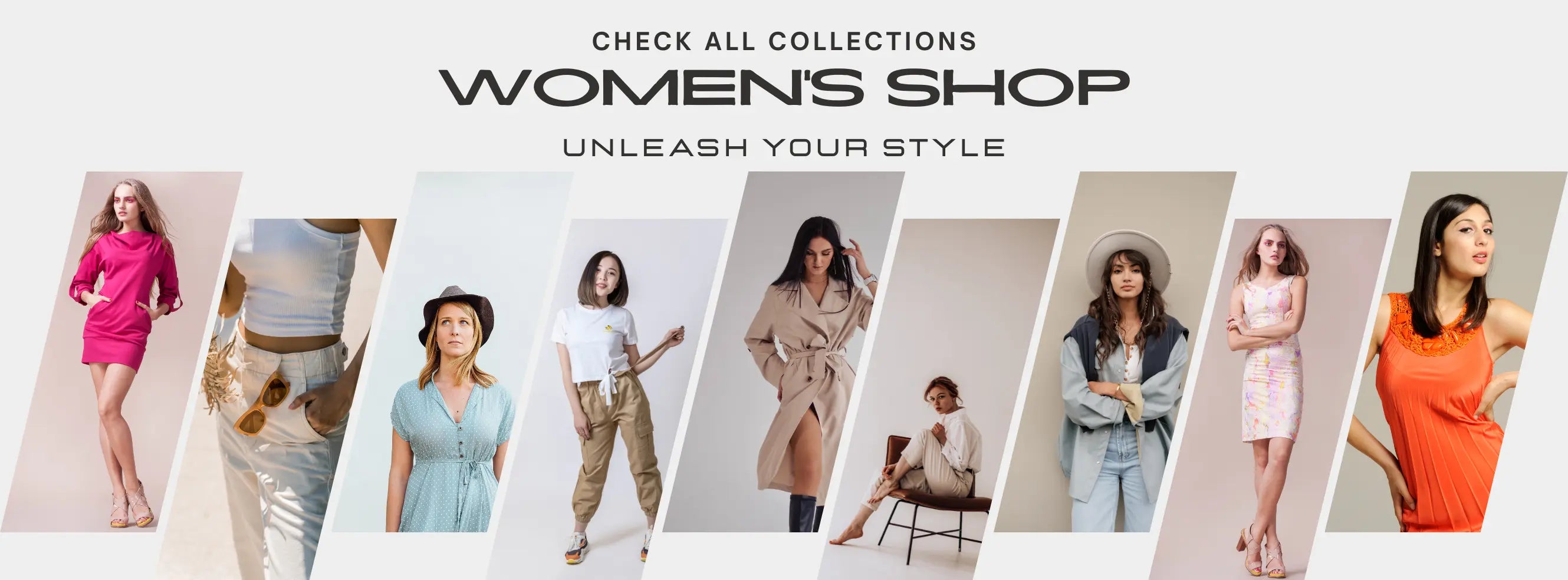 Promotional banner for women's clothing with models in various outfits on a white background.