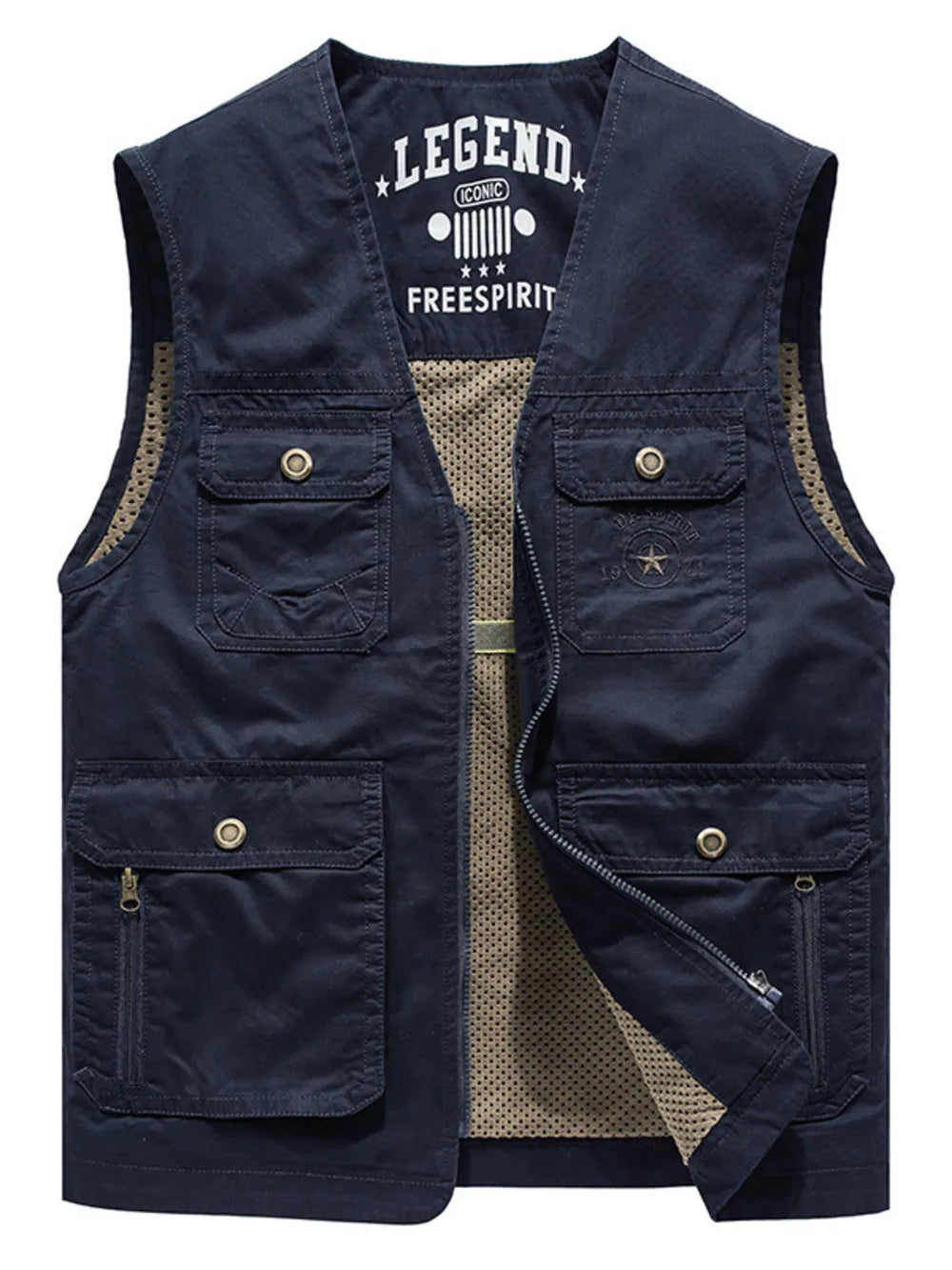 Navy blue vest with front pockets and a visible brand logo on a white background