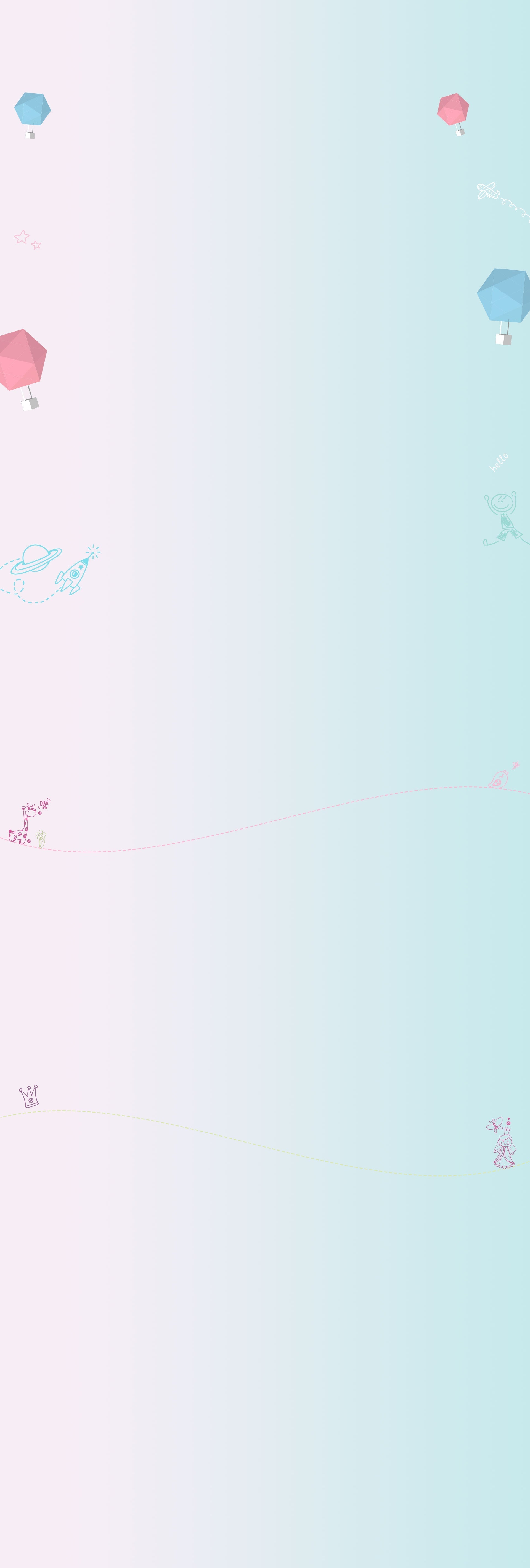 Gradient background with colorful balloons and small icons on a light blue and pink gradient.
