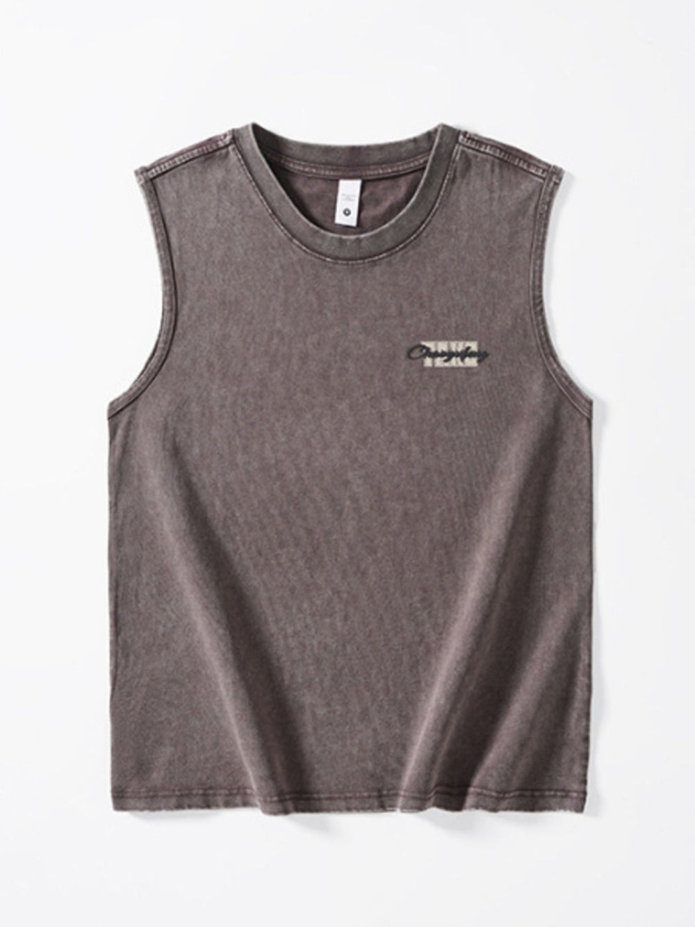 Gray sleeveless shirt with a logo on a white background