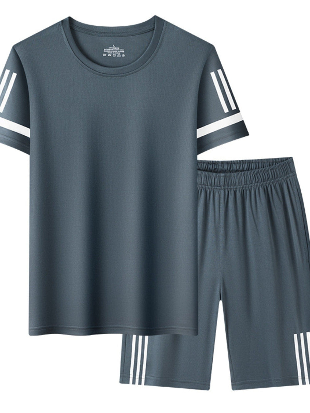 Gray athletic outfit with white stripes on a white background