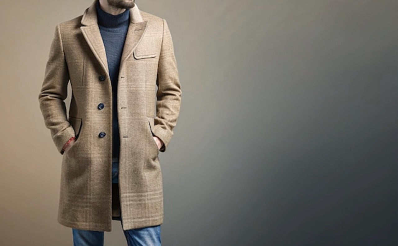 Beige overcoat worn by a person on a gradient background