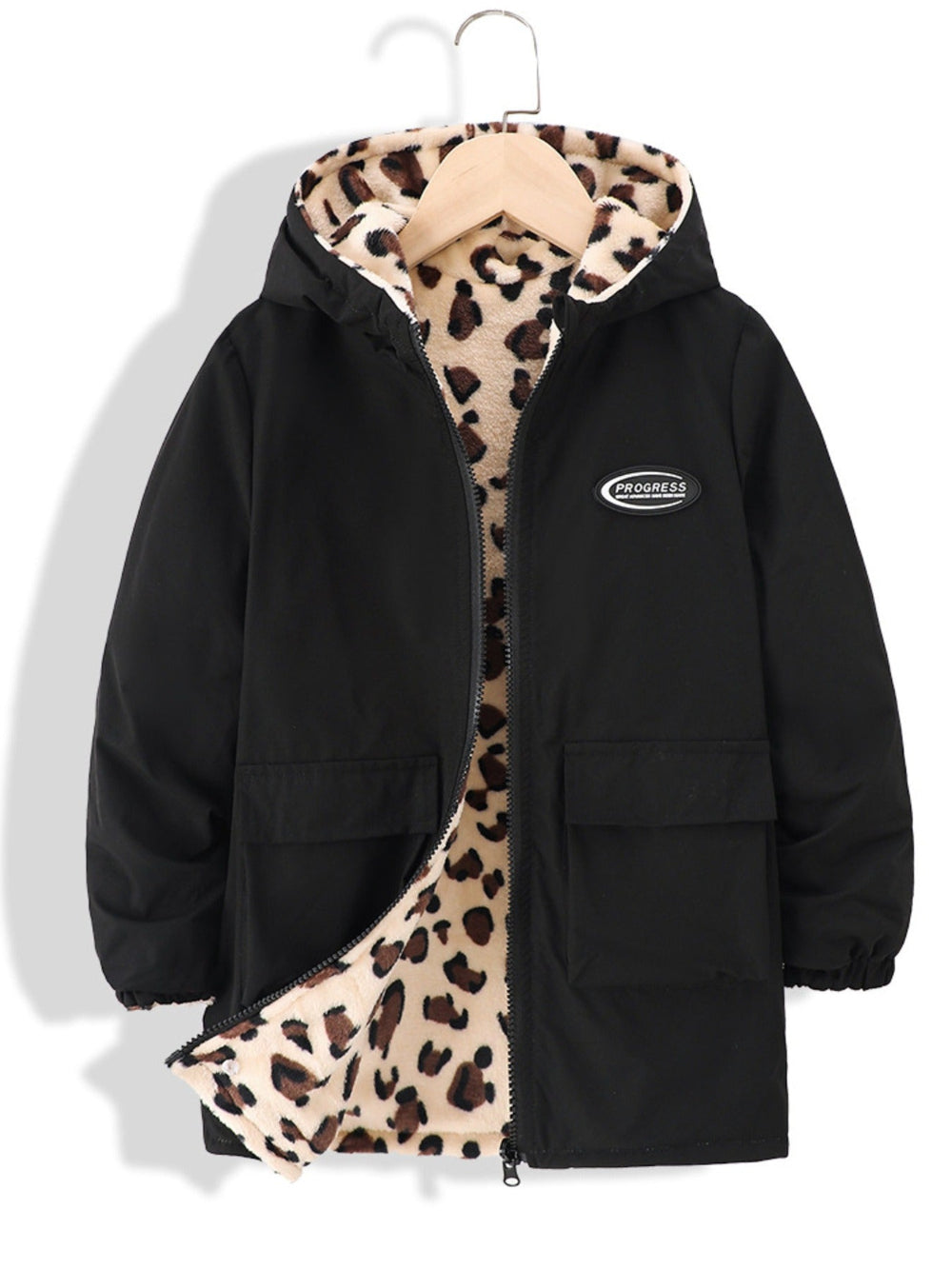 Black jacket with leopard print lining on a hanger against a white background