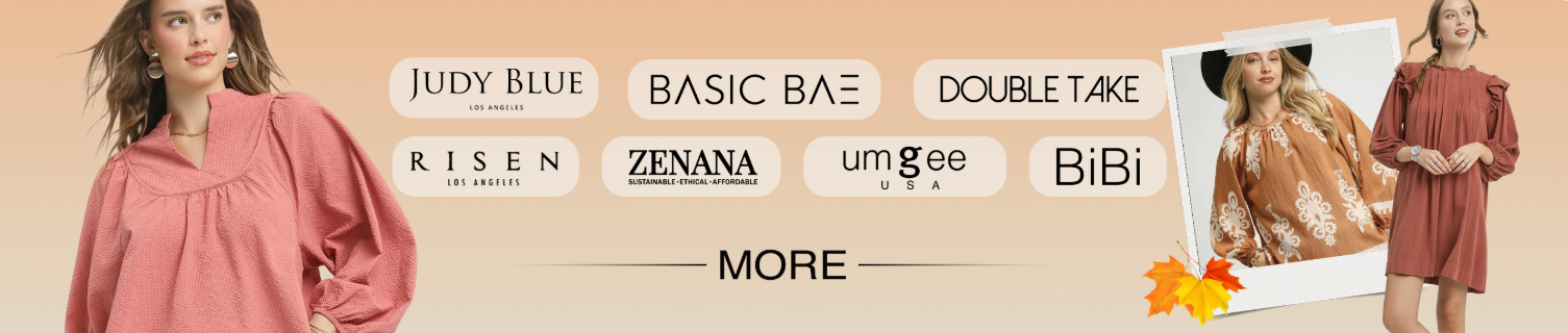 Promotional banner with fashion items and brand names on a beige background