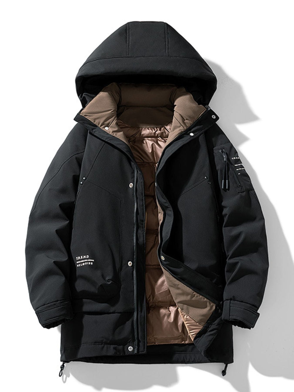 Black hooded jacket with brown lining on a white background