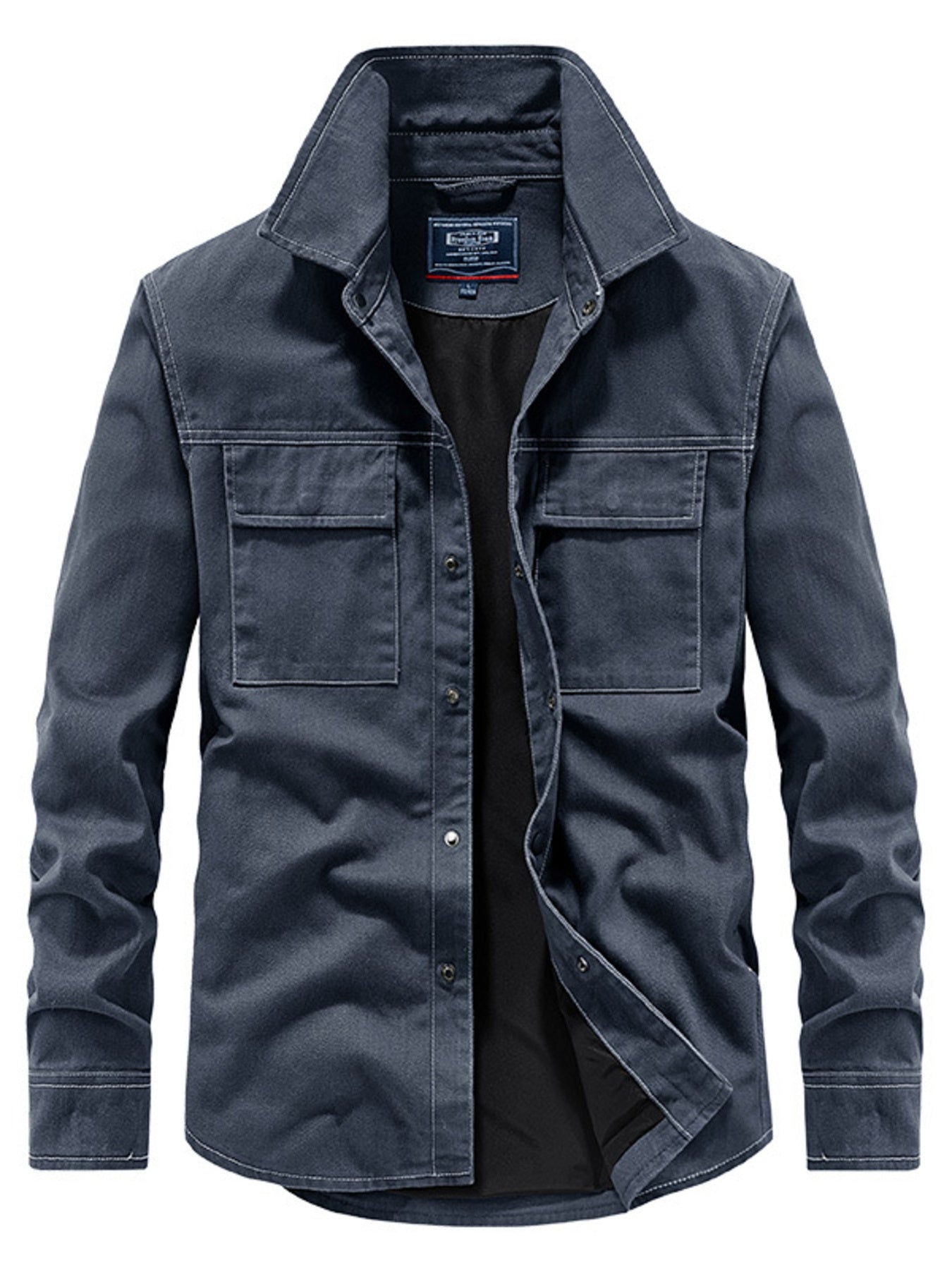 Dark blue denim shirt with a collar on a white background