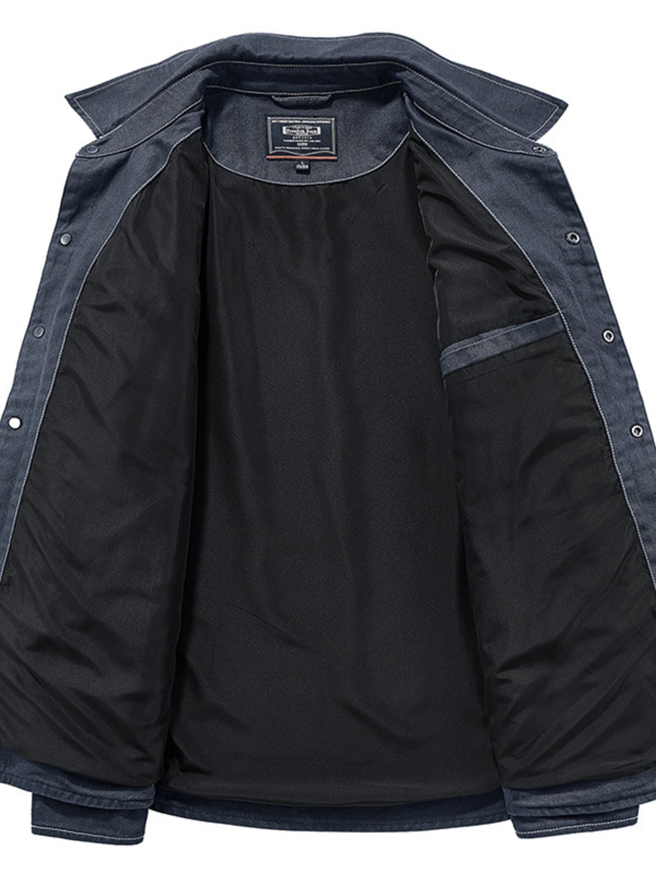 Black jacket with blue accents on a white background