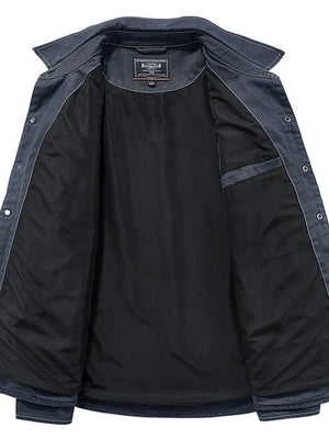 Black jacket with blue accents on a white background