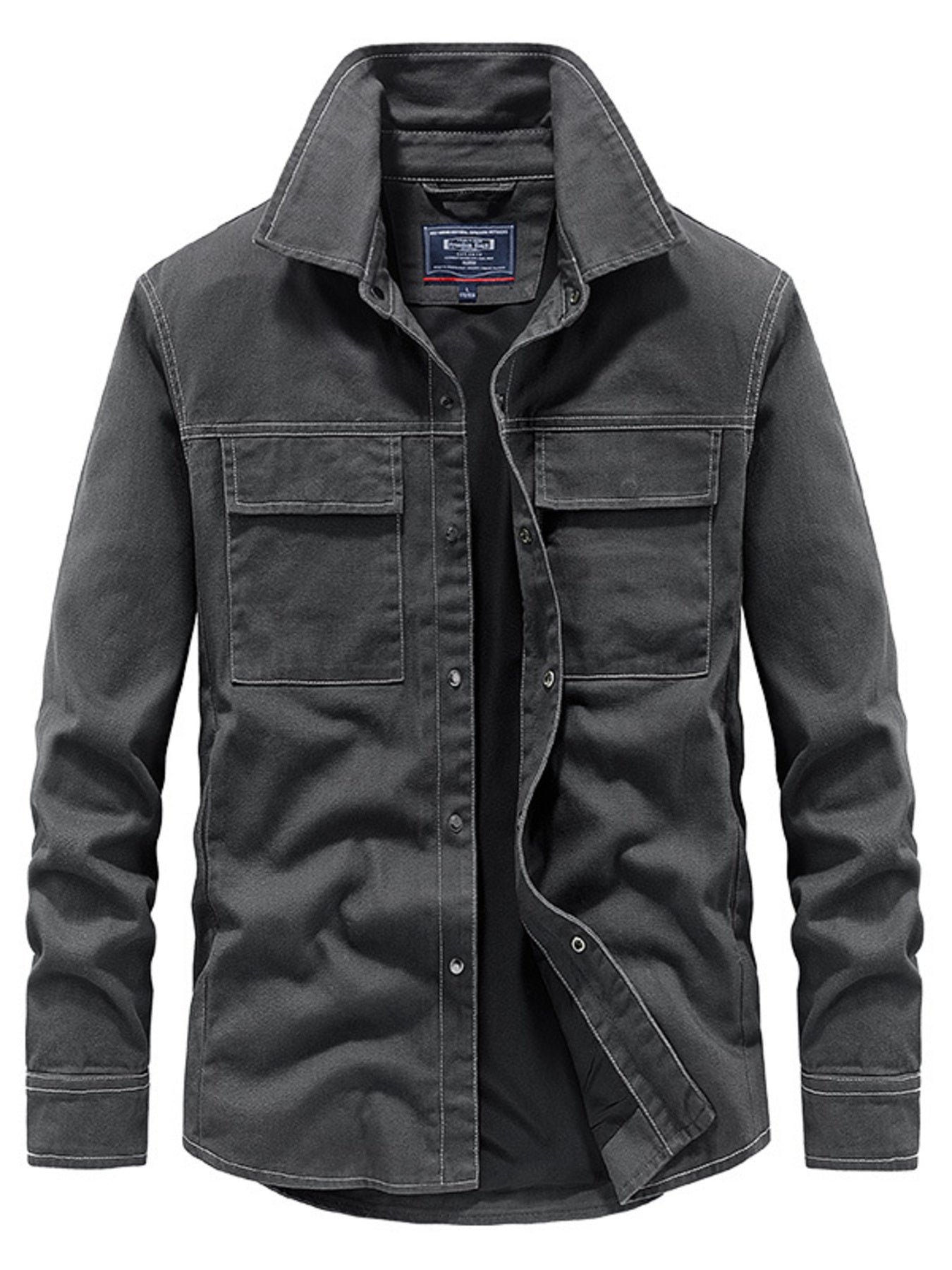 Dark gray jacket with button details on a white background