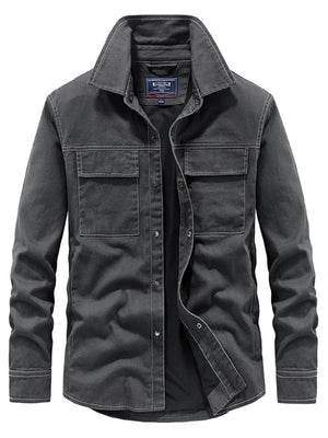 Dark gray jacket with button details on a white background