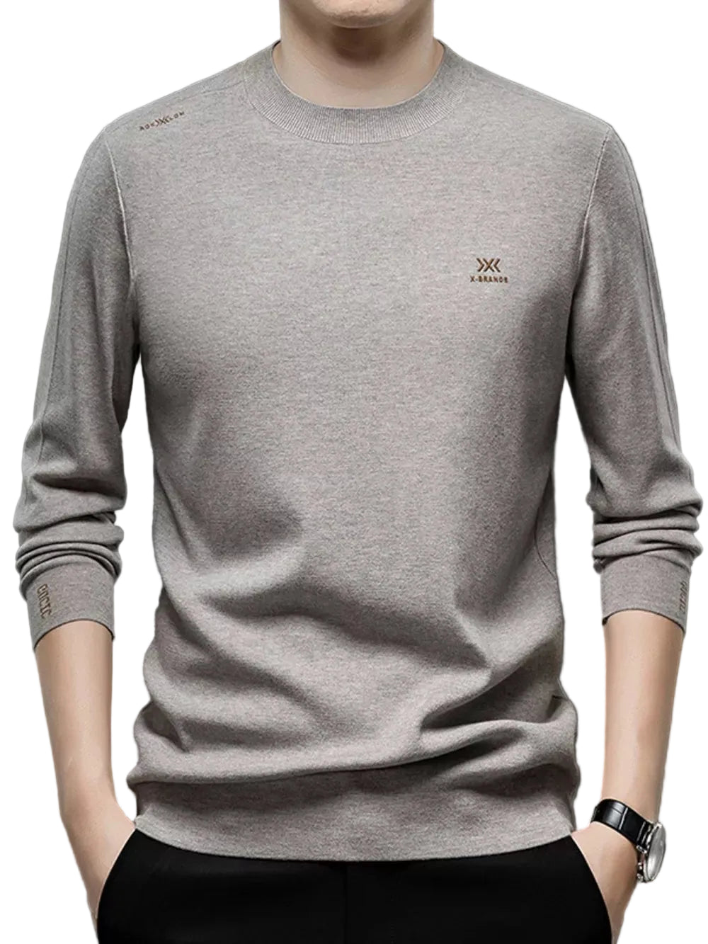 Gray long-sleeve shirt with a small logo on a dark background